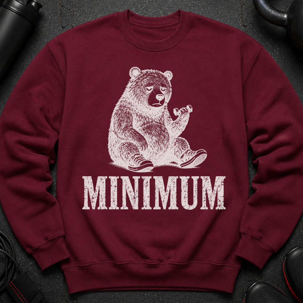 Maroon sweatshirt with distressed bear graphic holding dumbbell and text "MINIMUM".