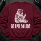 Maroon sweatshirt with distressed bear graphic holding dumbbell and text "MINIMUM".
