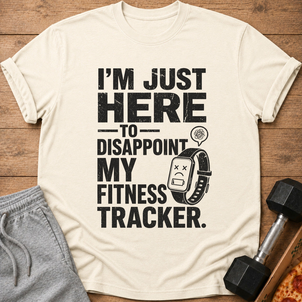 Cream t-shirt with distressed black text and graphics: "I'm Just Here To Disappoint My Fitness Tracker."