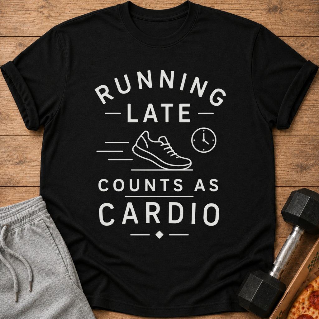 Black t-shirt with white text: "Running late counts as cardio" and shoe graphic.