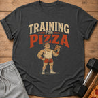 Dark grey t-shirt graphic: "TRAINING FOR PIZZA" with cartoon muscular man holding pizza slice.