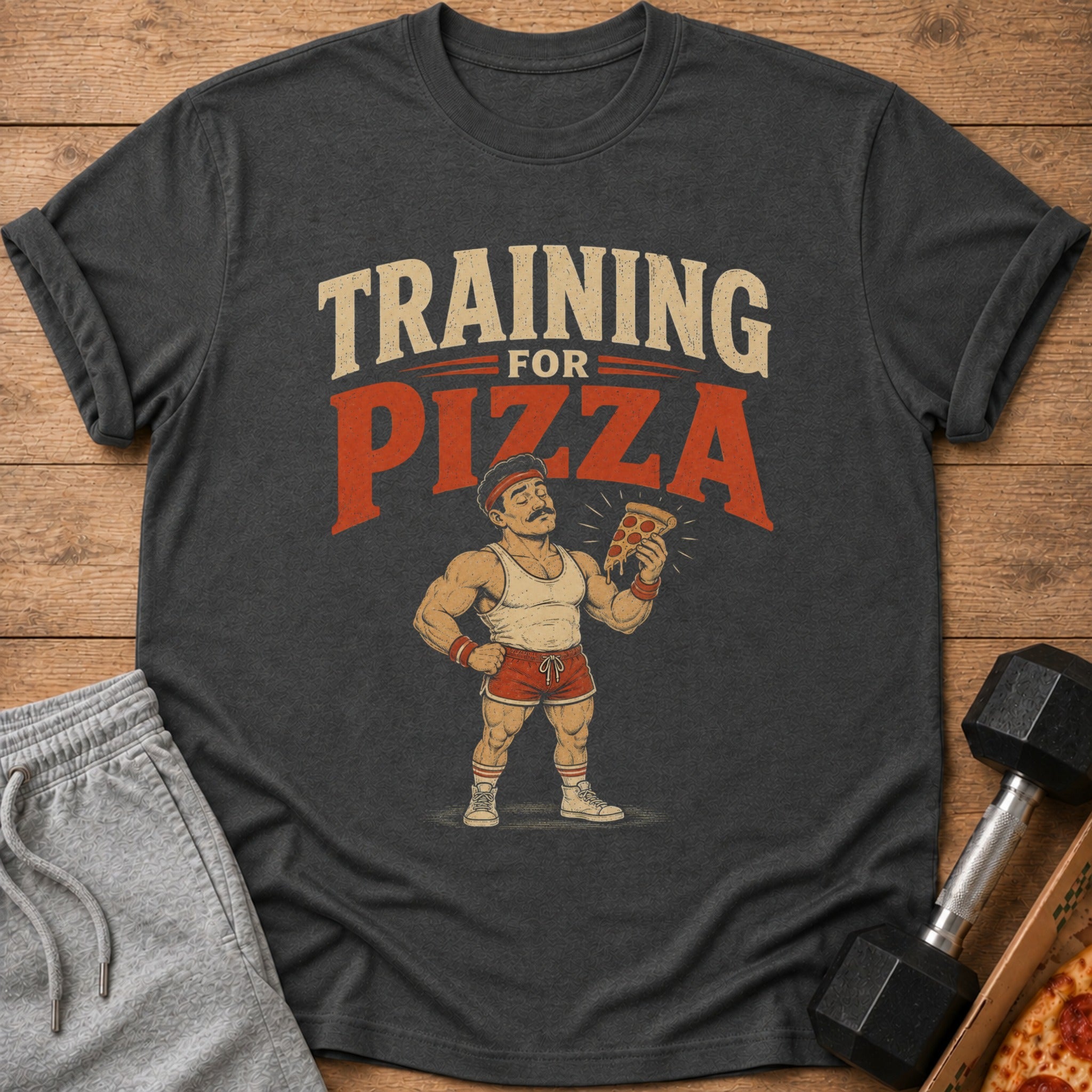 Dark grey t-shirt graphic: "TRAINING FOR PIZZA" with cartoon muscular man holding pizza slice.
