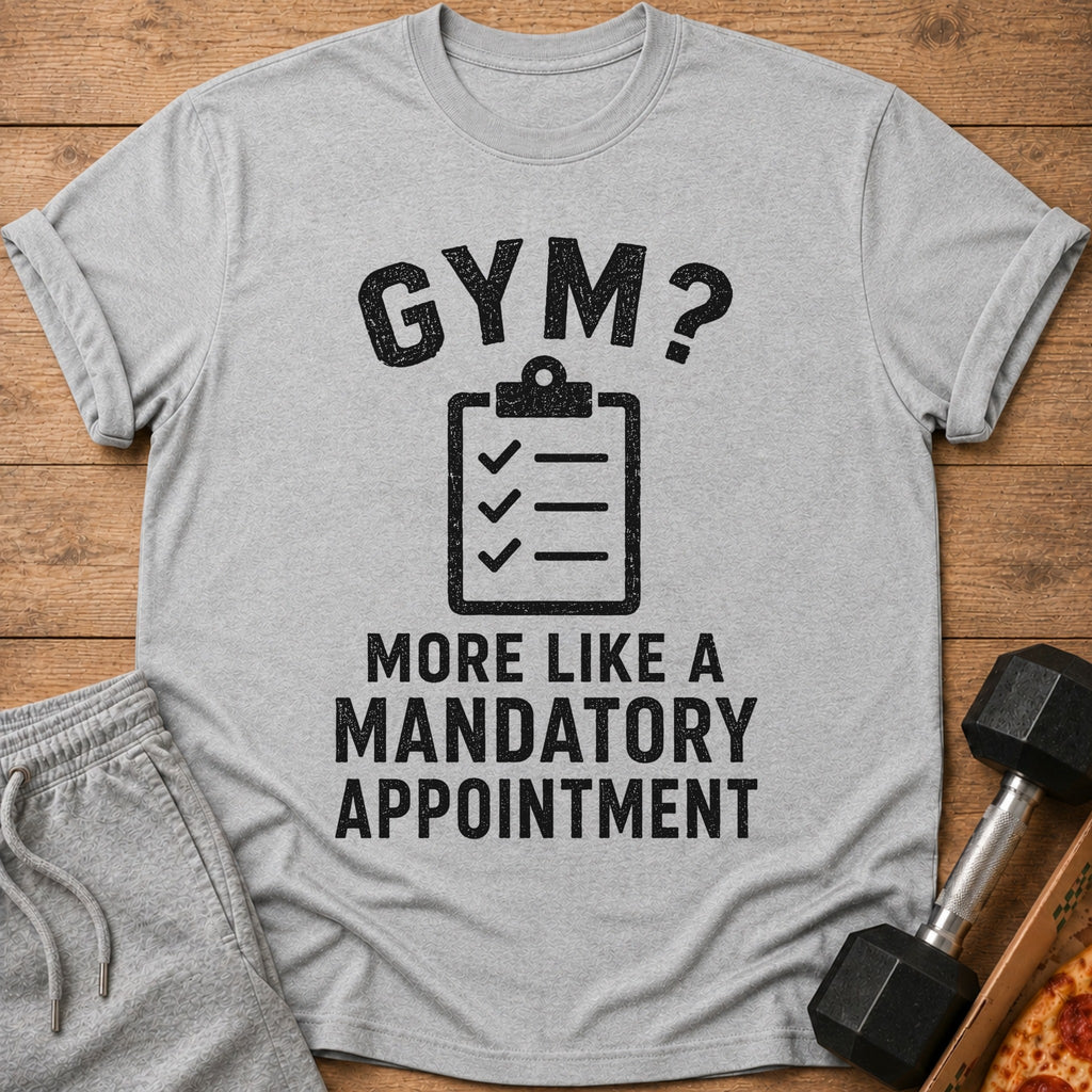 Gray t-shirt with text "GYM? MORE LIKE A MANDATORY APPOINTMENT".