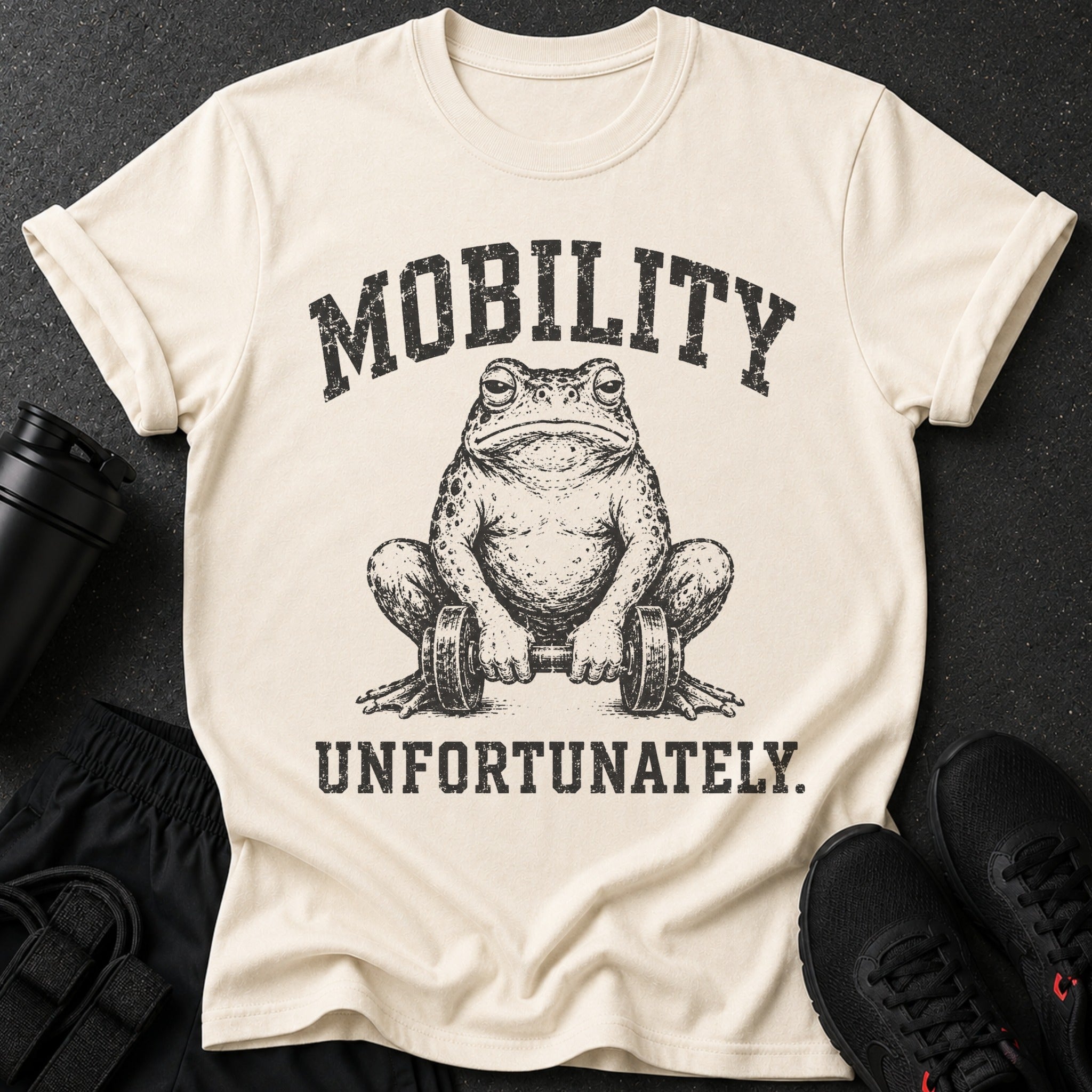 Cream t-shirt with vintage distressed print of a toad holding dumbbells and text "MOBILITY UNFORTUNATELY."