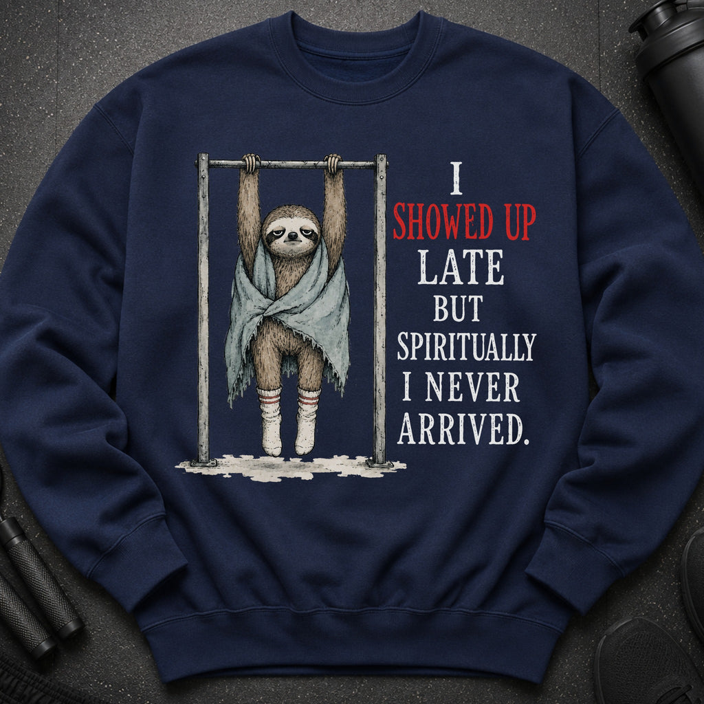 Dark navy sweatshirt with sloth hanging and text "I SHOWED UP LATE BUT SPIRITUALLY I NEVER ARRIVED."