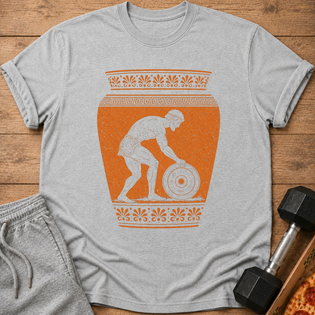 Grey t-shirt with an orange ancient Greek vase graphic of a man lifting a weight.