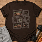 Brown t-shirt with graphic of stamps: "Membership Active" and "Energy Inactive".