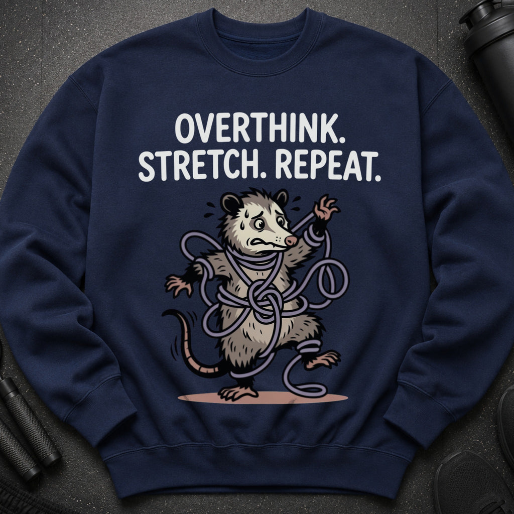Navy sweatshirt with "Overthink. Stretch. Repeat." and a tangled possum graphic.