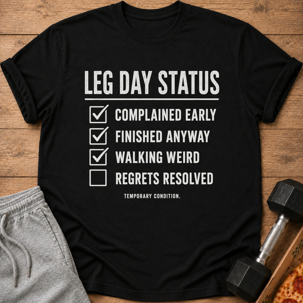 Black t-shirt with "LEG DAY STATUS" checklist: Complained, Finished, Walking Weird, Regrets Resolved.