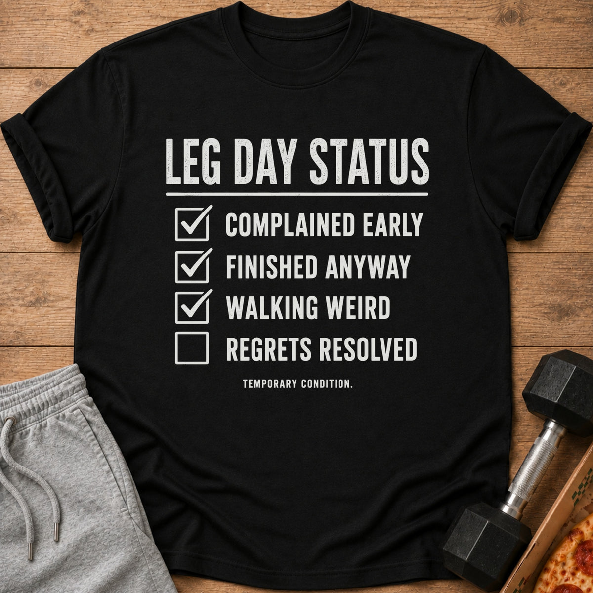 Black t-shirt with "LEG DAY STATUS" checklist: Complained, Finished, Walking Weird, Regrets Resolved.