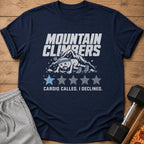 Navy t-shirt with "MOUNTAIN CLIMBERS" and cartoon figure, "CARDIO CALLED. I DECLINED."