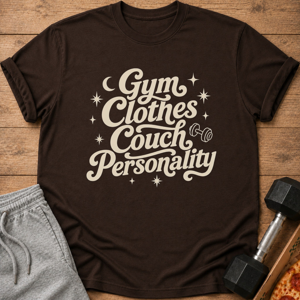 Brown t-shirt with "Gym Clothes Couch Personality" text and dumbbell graphic.