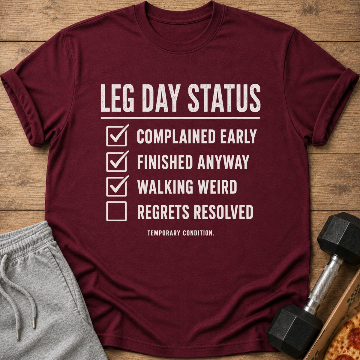 Maroon t-shirt with "Leg Day Status" checklist and text "Temporary Condition."