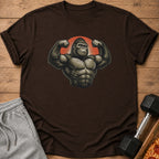 Brown t-shirt with a muscular gorilla graphic and a red sunburst background.