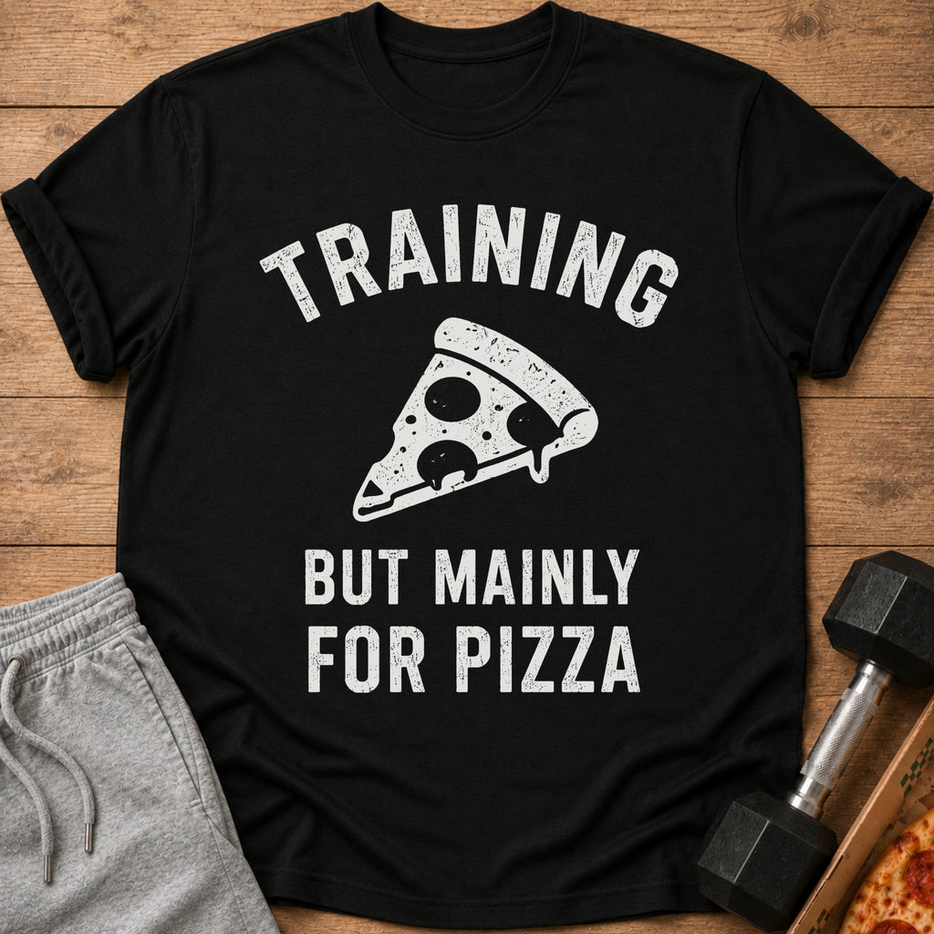 Black t-shirt with white text and a pizza slice graphic: "TRAINING BUT MAINLY FOR PIZZA".