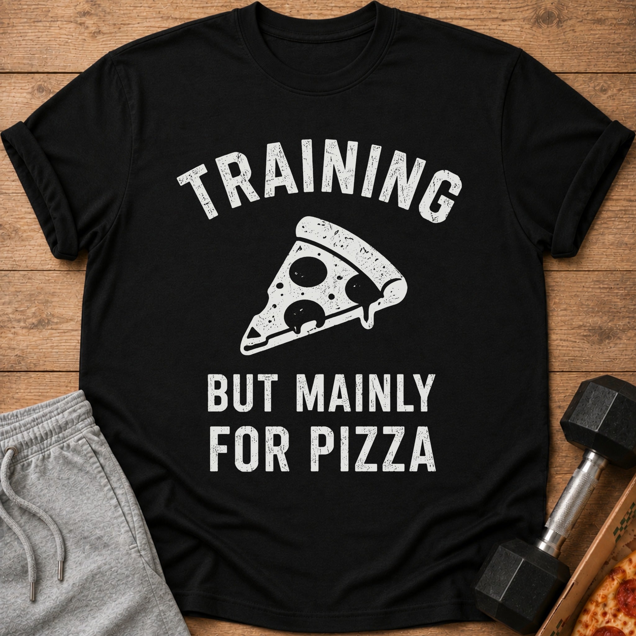 Black t-shirt with white text and a pizza slice graphic: "TRAINING BUT MAINLY FOR PIZZA".