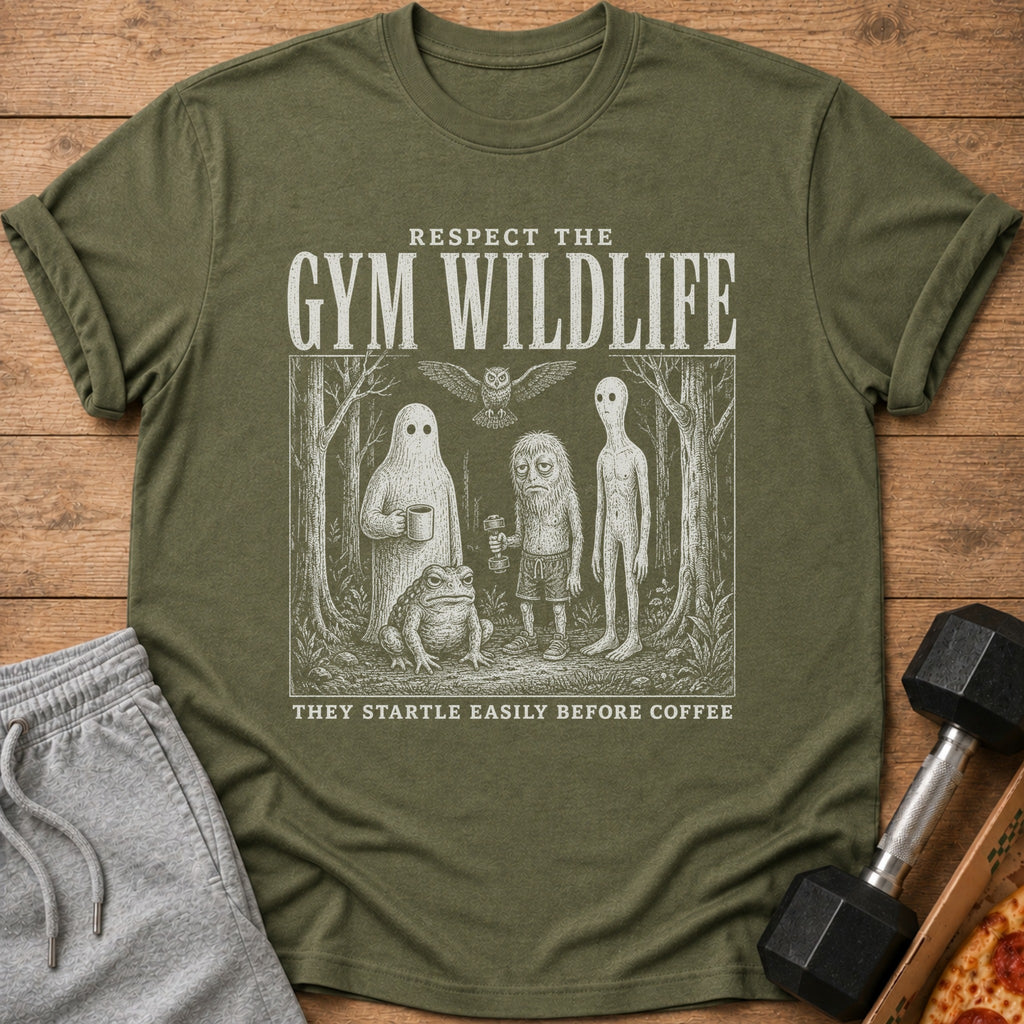Green t-shirt with "Respect the Gym Wildlife" and a humorous forest scene.
