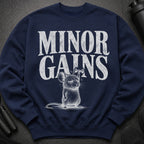 Navy sweatshirt with "MINOR GAINS" text and a mouse lifting a dumbbell.