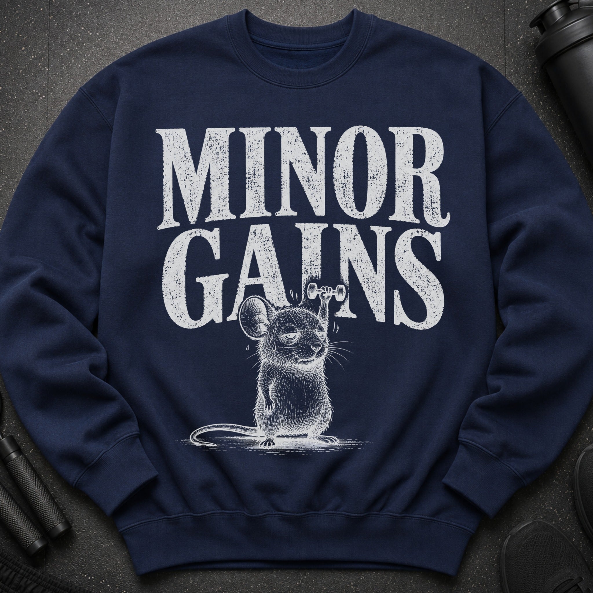 Navy sweatshirt with "MINOR GAINS" text and a mouse lifting a dumbbell.