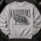 Gray sweatshirt with "KALEISTHENICS" and a sad kale character doing push-ups with dumbbells.