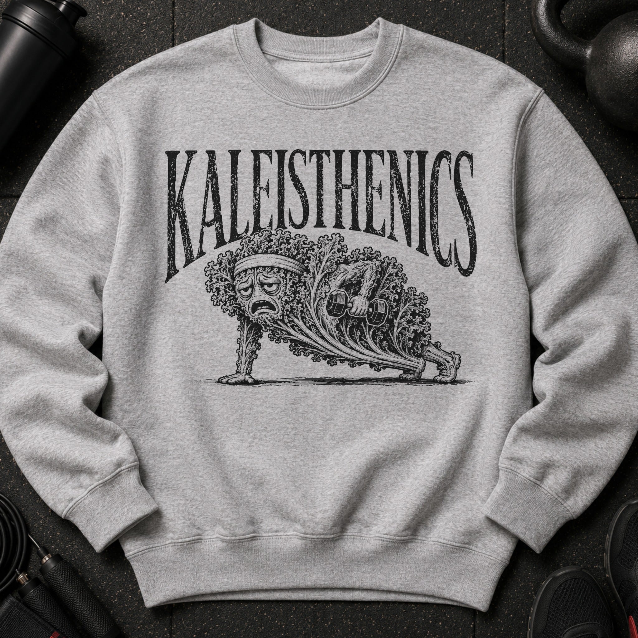 Gray sweatshirt with "KALEISTHENICS" and a sad kale character doing push-ups with dumbbells.