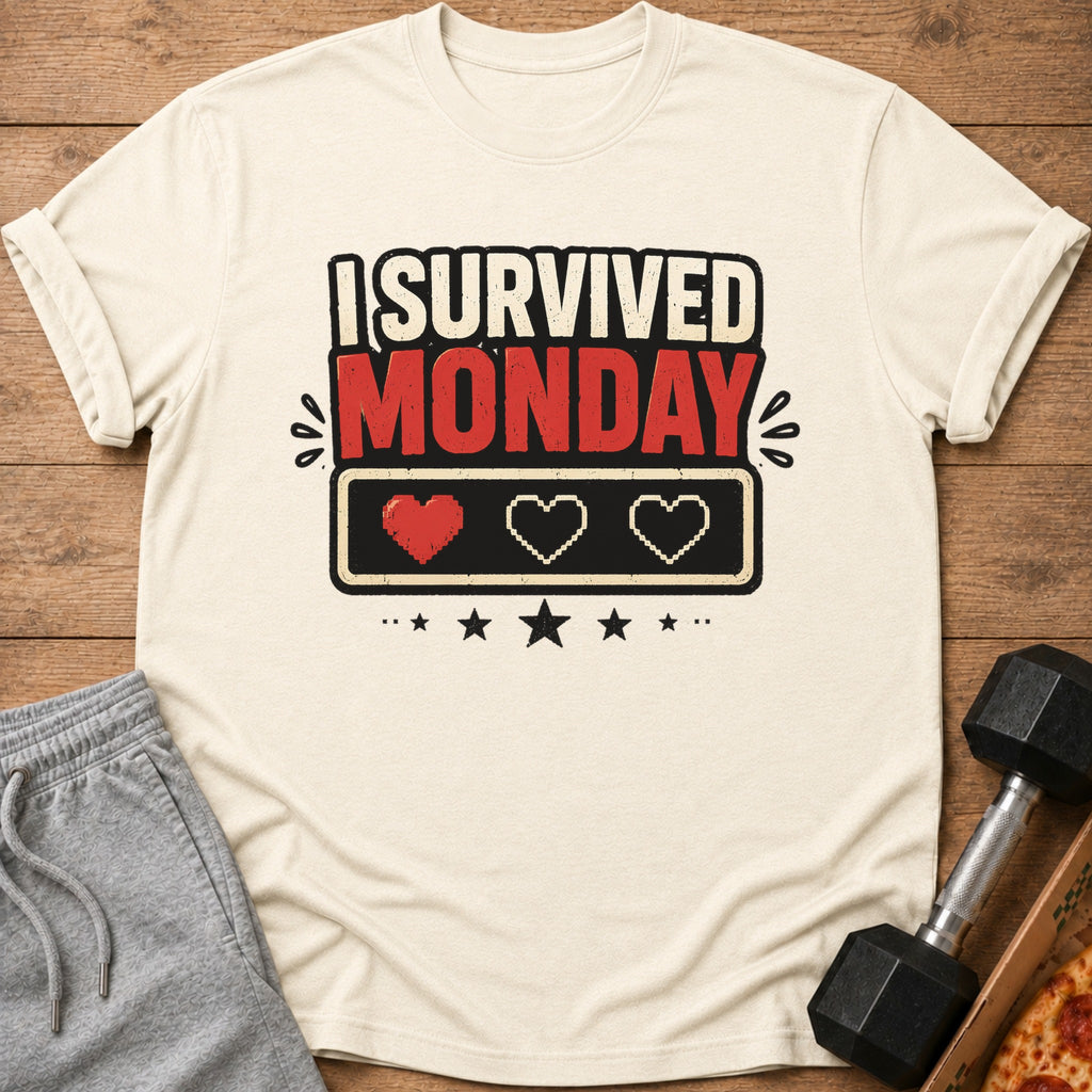 Cream t-shirt with "I Survived Monday" graphic and pixelated hearts.