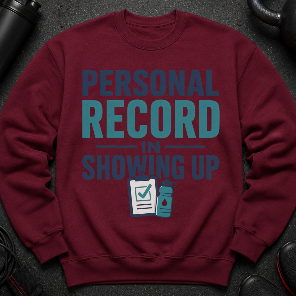 Maroon sweatshirt with "PERSONAL RECORD IN SHOWING UP" and icons.