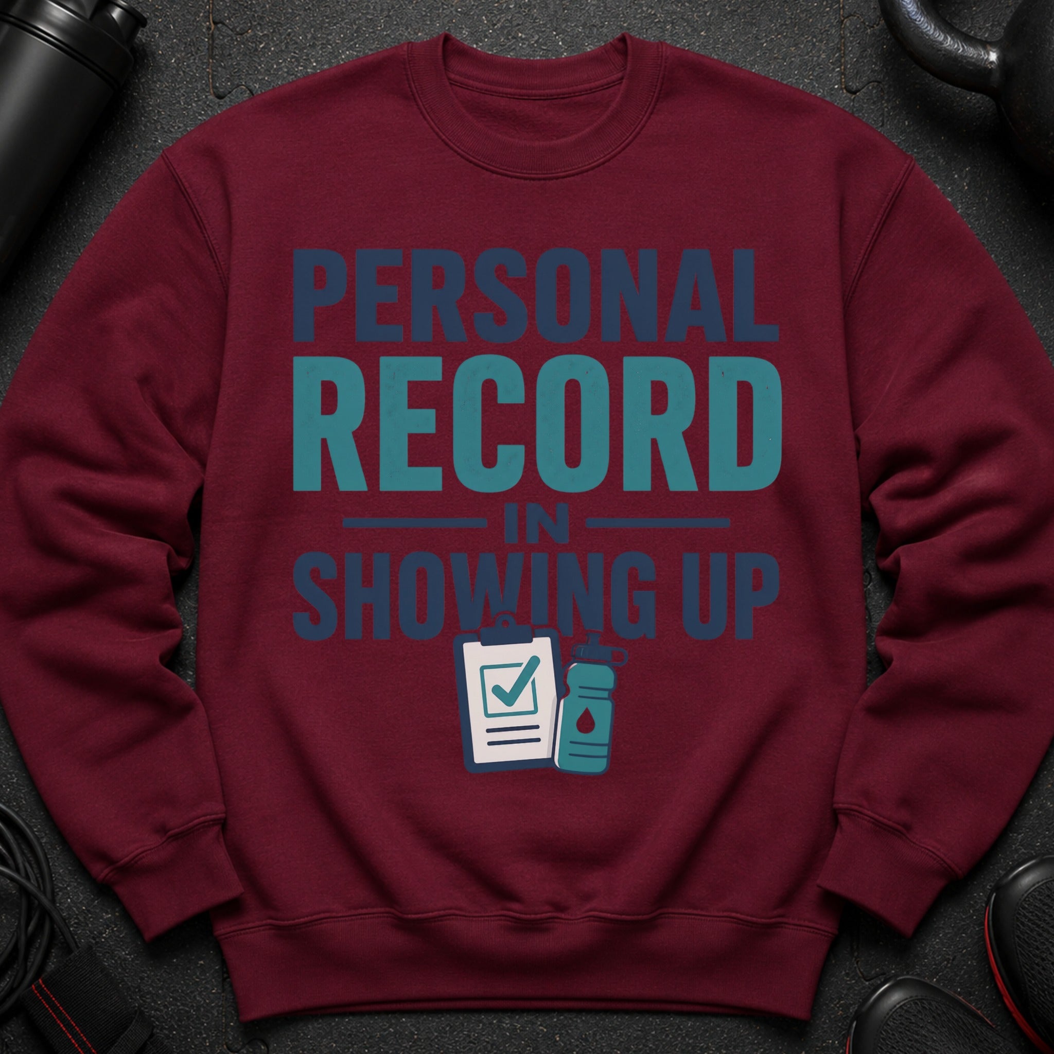 Maroon sweatshirt with "PERSONAL RECORD IN SHOWING UP" and icons.