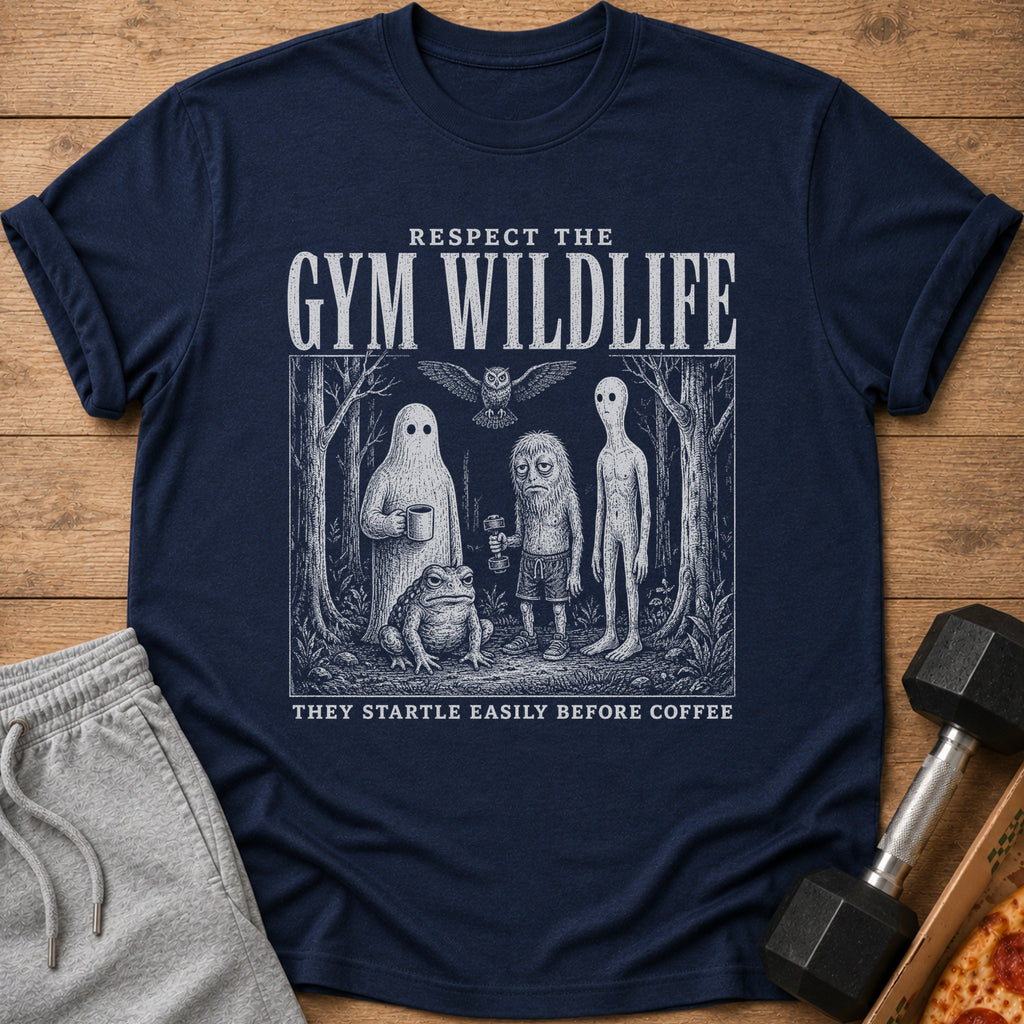 Navy t-shirt with "Respect the Gym Wildlife" and forest creature graphics.