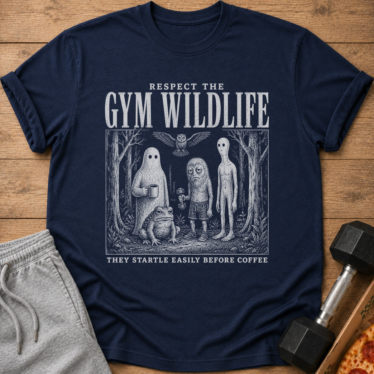 Navy t-shirt with "Respect the Gym Wildlife" and forest creature graphics.