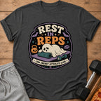 Ghost on yoga mat with text "REST IN REPS LOW ENERGY AFTERLIFE CLUB".