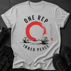 Grey t-shirt with "ONE REP INNER PEACE" text and barbell design.