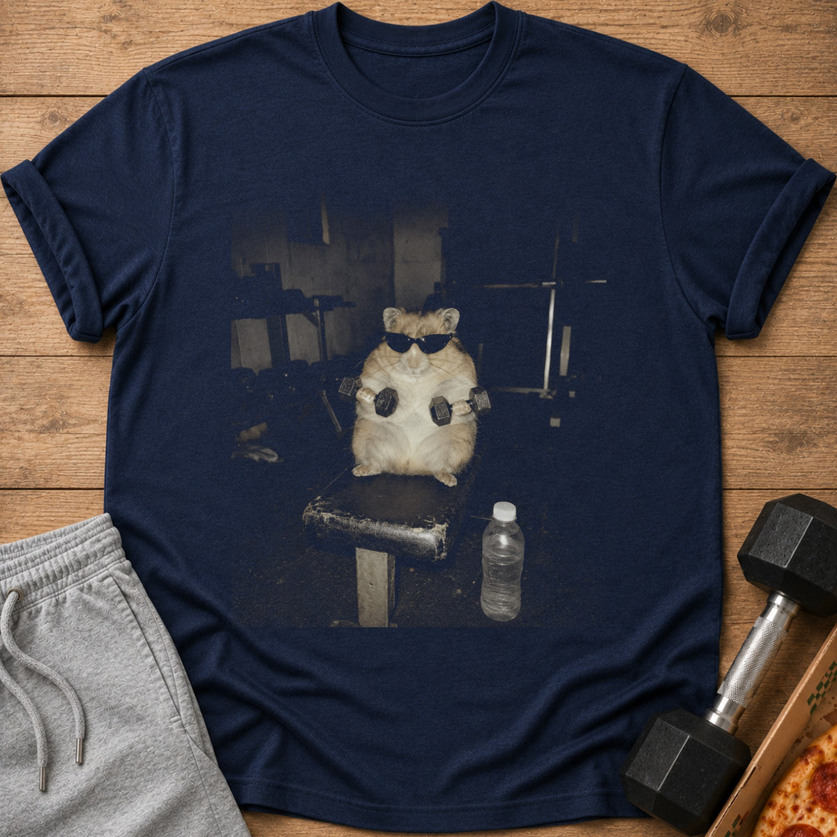 Hamster with sunglasses and dumbbells sits on a bench in a gym.
