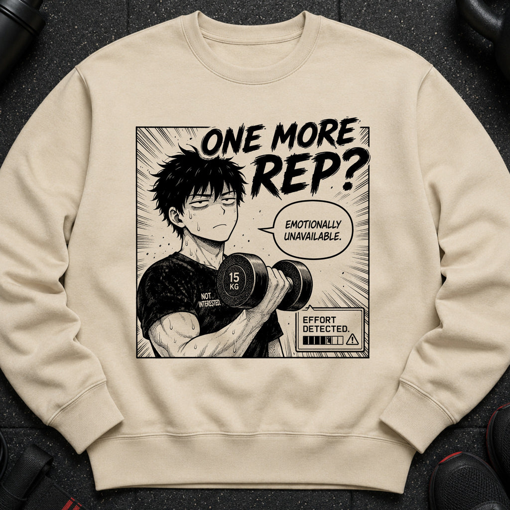Beige sweatshirt with anime graphic of tired man lifting dumbbell, text "One More Rep? Emotionally Unavailable."