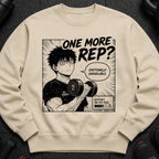 Beige sweatshirt with anime graphic of tired man lifting dumbbell, text "One More Rep? Emotionally Unavailable."