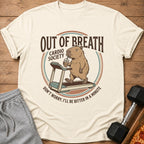 Capybara on treadmill with drink, text "Out of Breath Cardio Society"