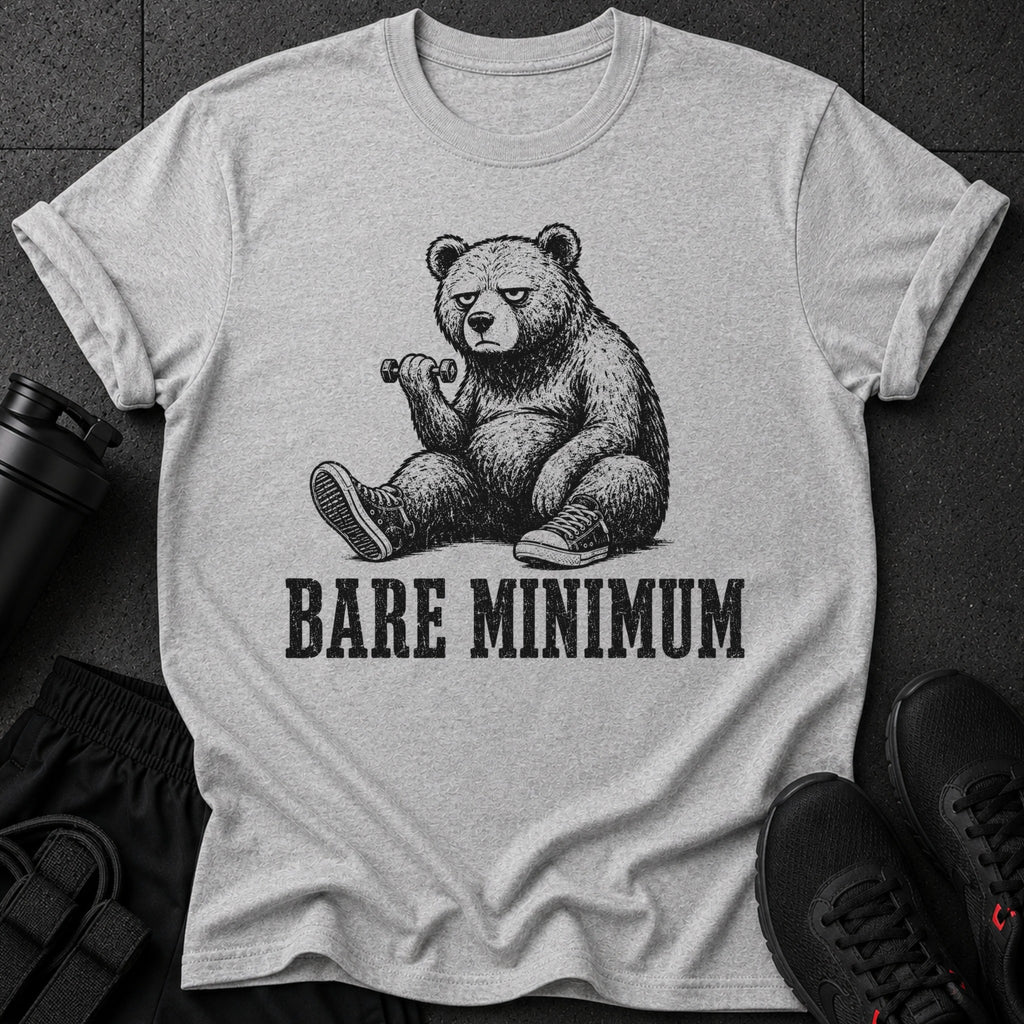 Gray t-shirt with a bear lifting a dumbbell and text "BARE MINIMUM".