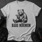 Gray t-shirt with a bear lifting a dumbbell and text "BARE MINIMUM".