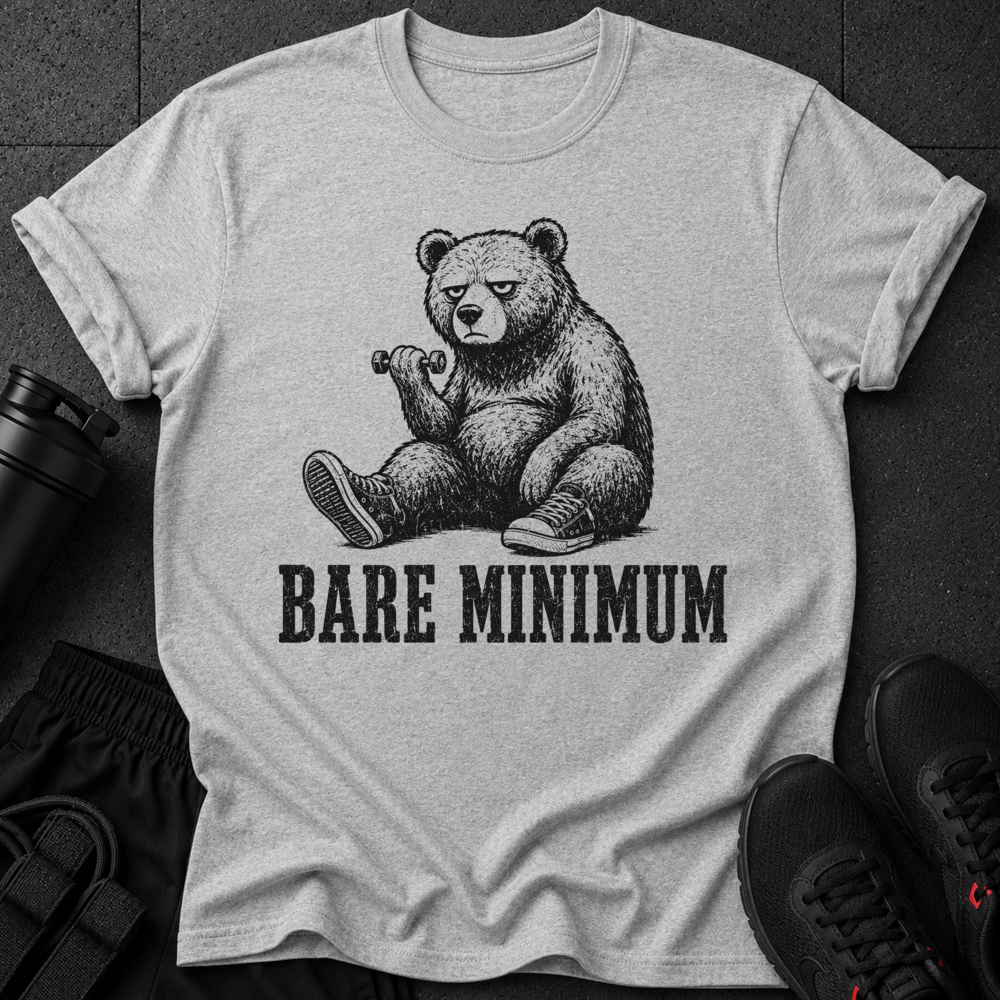 Gray t-shirt with a bear lifting a dumbbell and text "BARE MINIMUM".