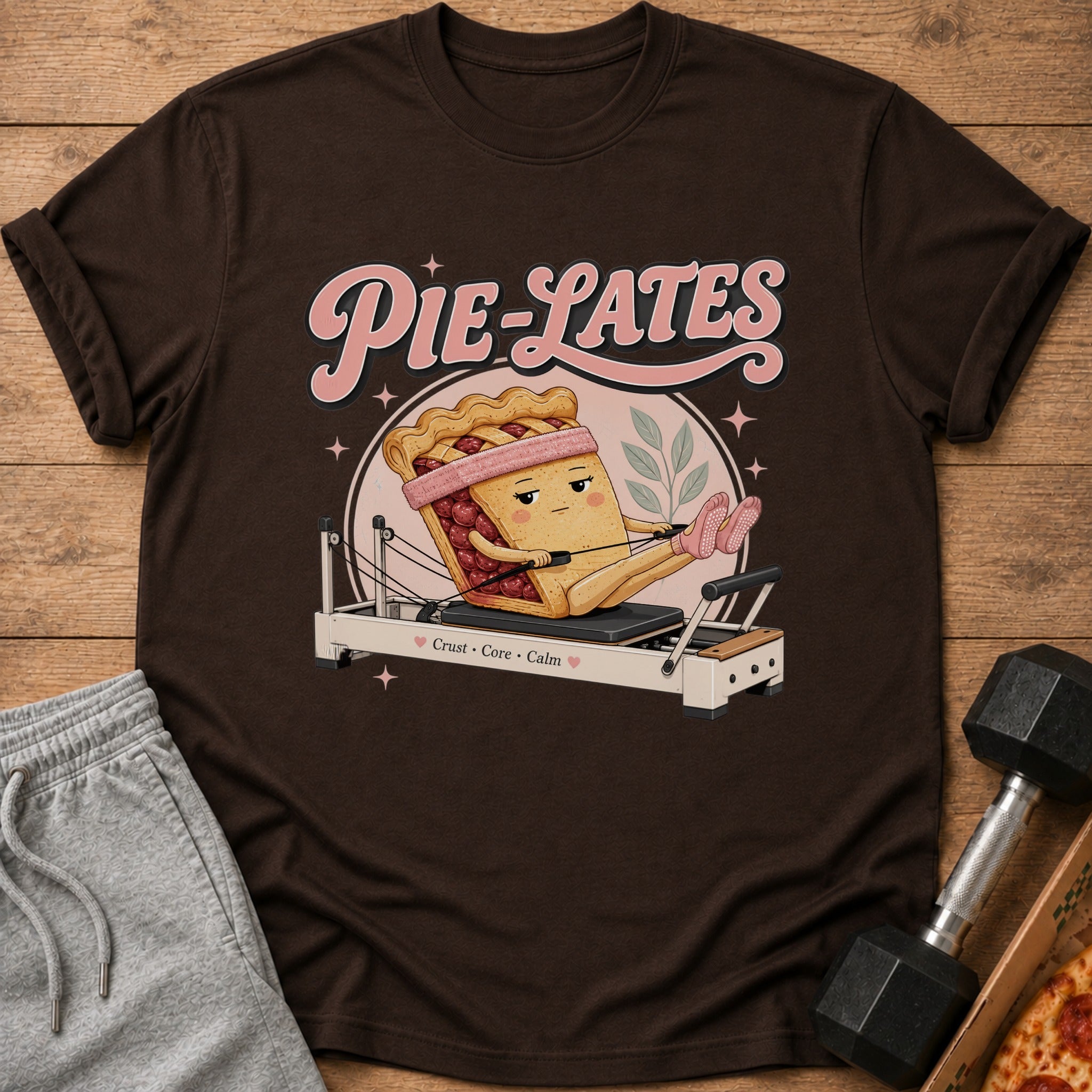Brown t-shirt with "Pie-Lates" text and a pie slice character on a reformer.