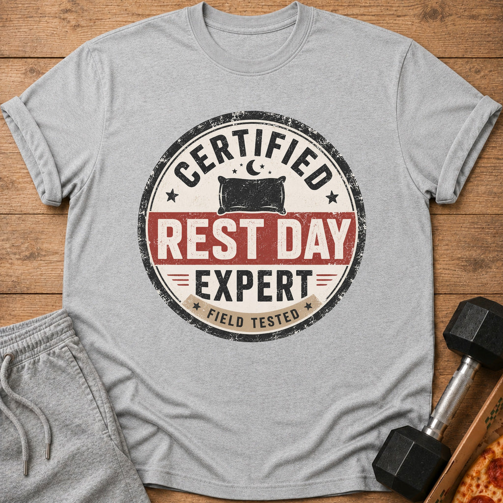 Grey t-shirt with "Certified Rest Day Expert Field Tested" text and a pillow graphic.
