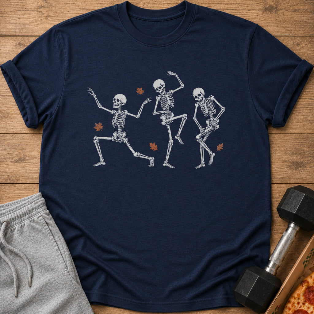 Navy t-shirt with dancing skeletons and falling autumn leaves design.