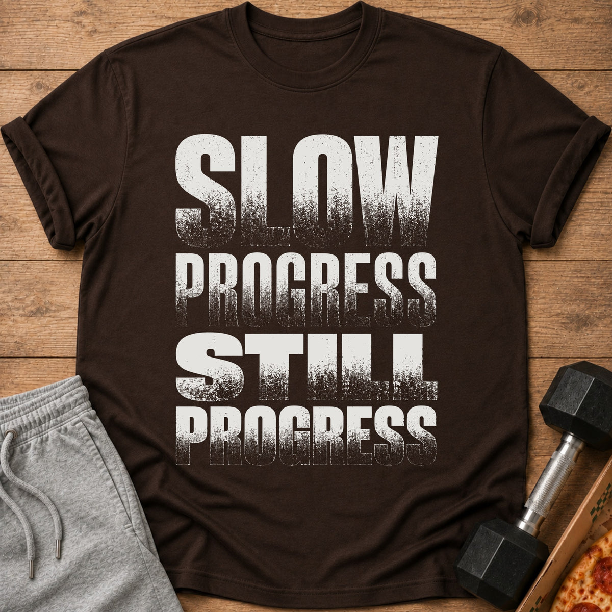 Brown t-shirt with distressed white text: "SLOW PROGRESS STILL PROGRESS".