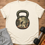 Kettlebell graphic on t-shirt shows gym interior with person taking a break.