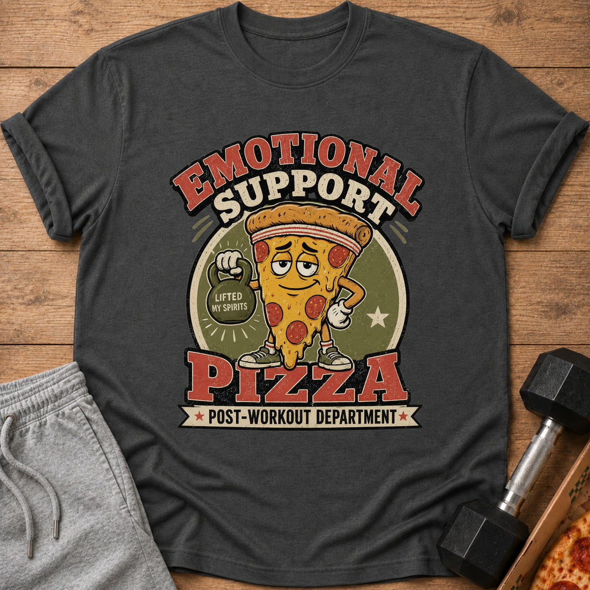 A cartoon pizza slice lifts weights with text: Emotional Support Pizza, Post-Workout Department.