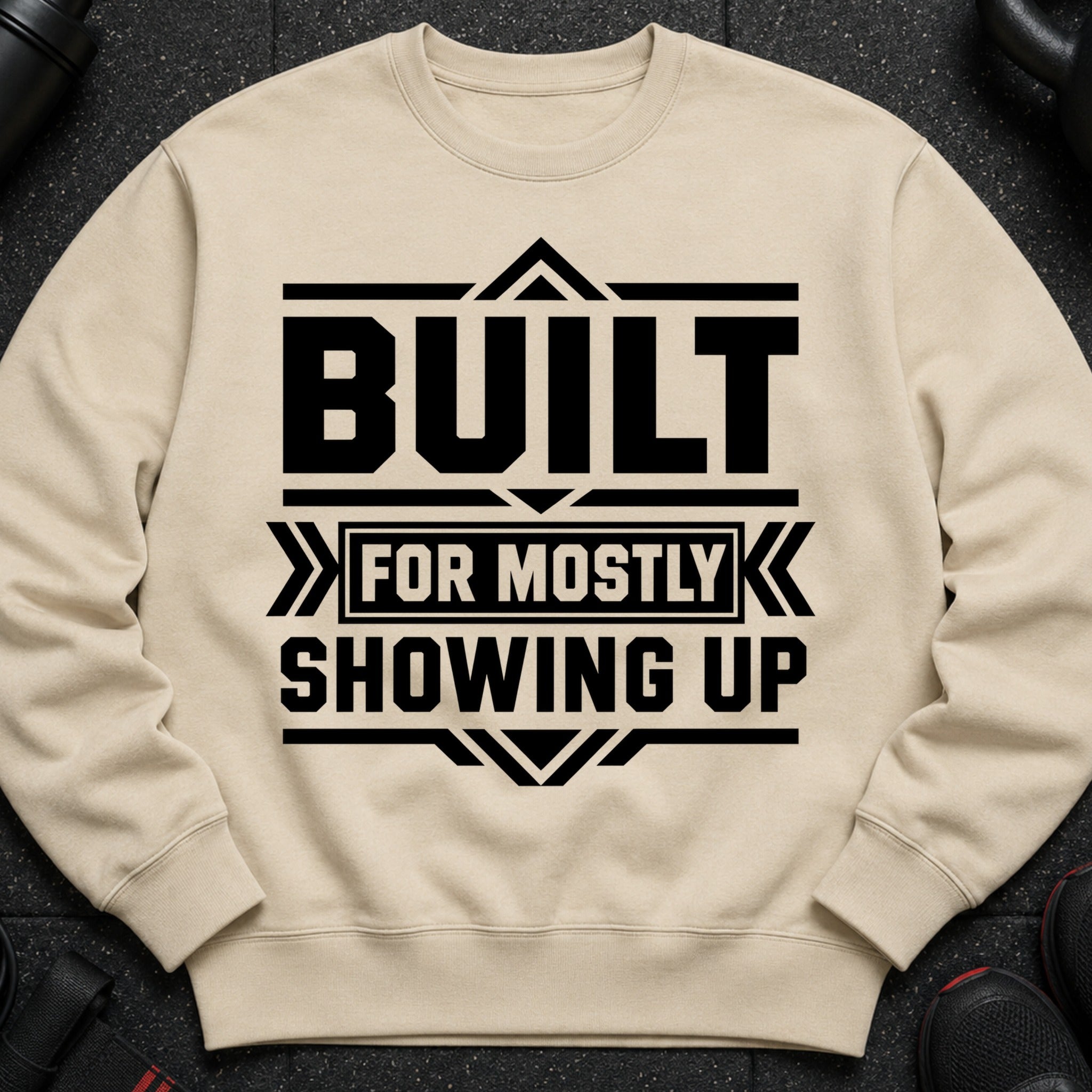 Cream sweatshirt with black text "BUILT FOR MOSTLY SHOWING UP".