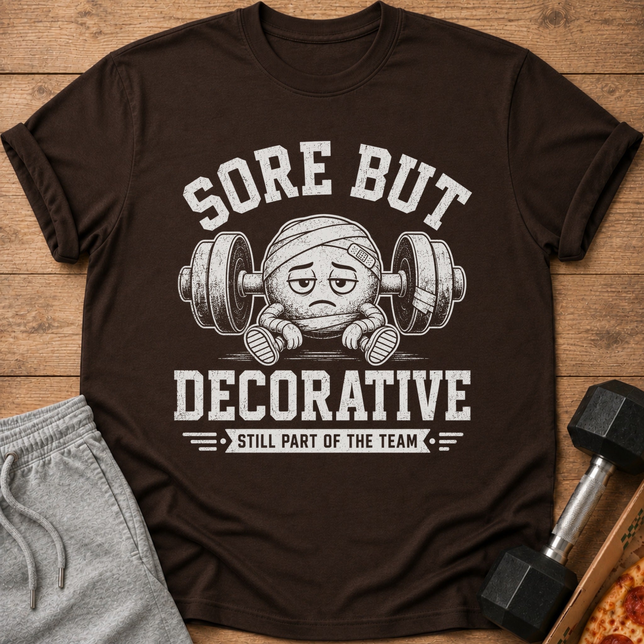 Brown t-shirt with distressed text "SORE BUT DECORATIVE STILL PART OF THE TEAM" and a bandaged emoji.