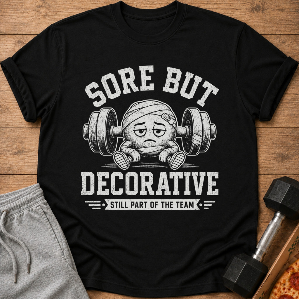 Black t-shirt with "Sore But Decorative Still Part of the Team" graphic.