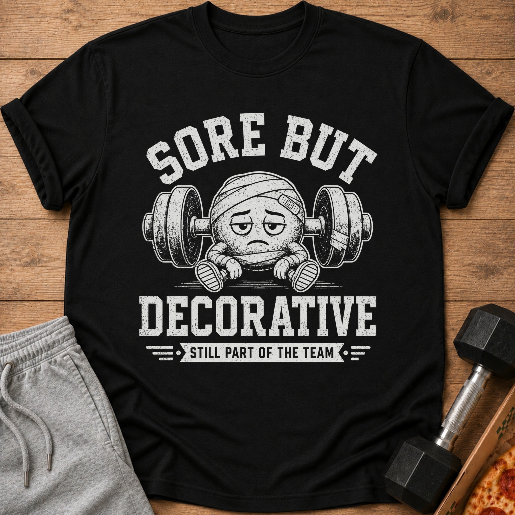 Black t-shirt with "Sore But Decorative Still Part of the Team" graphic.