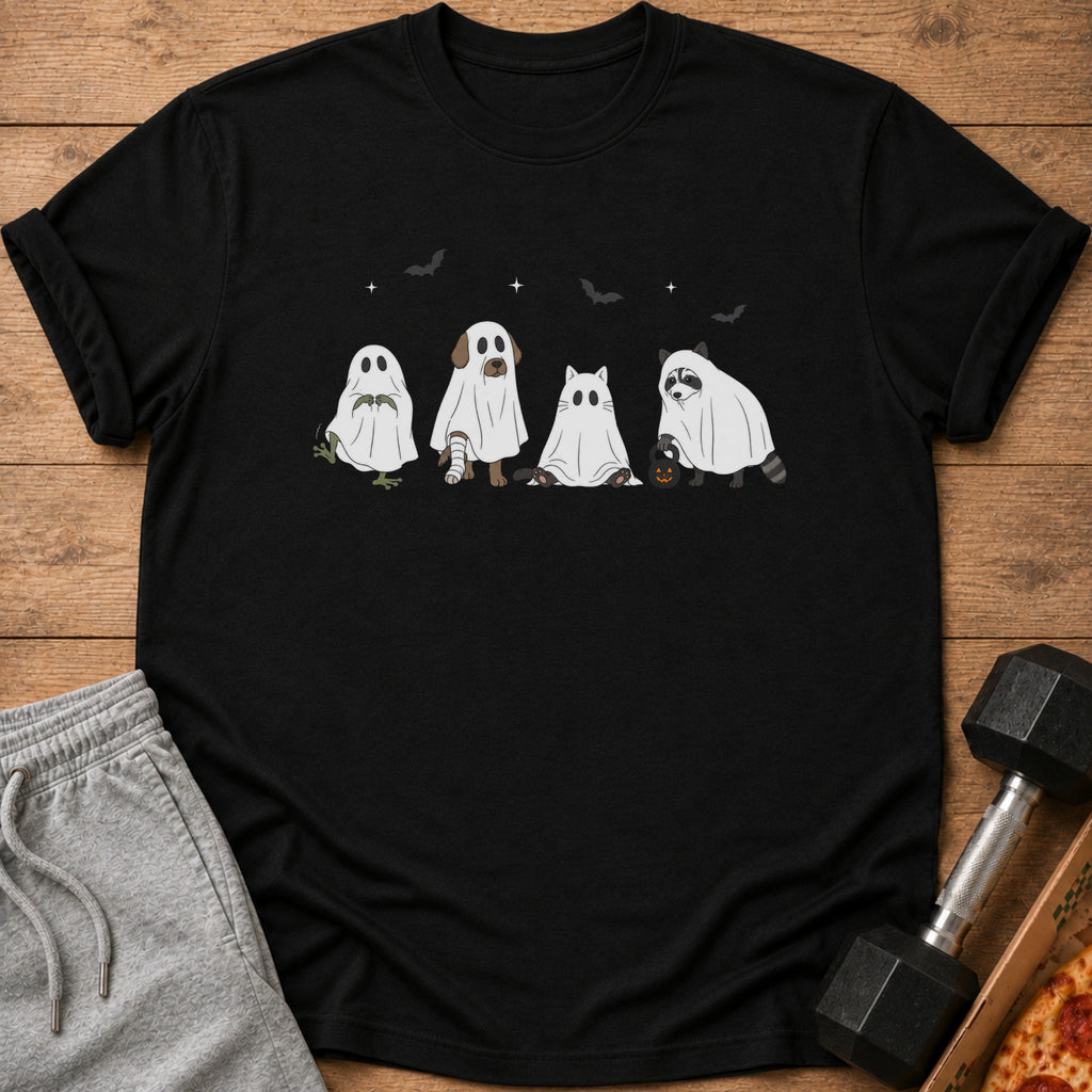 Black t-shirt with cartoon animals dressed as ghosts for Halloween.